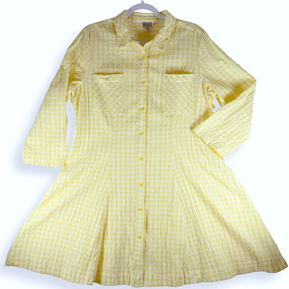 Como Vintage Yellow Gingham Seersucker Shirt Dress XL DW439SE Plaid Fit & Flare